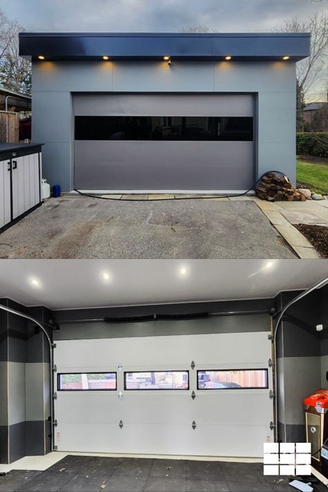 inside vs outside garage view of luxury garage door with row of tinted infinity glass Insulated Garage Door, Minimalist Garage, White Garage Doors, Garage Entry Door, Car Diorama, Contemporary Garage Doors, Garage Door Panels, Garage Door Windows, Modern Garage Doors