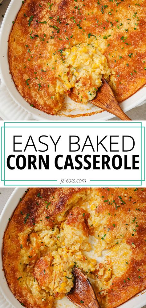 baked corn casserole in a white dish with a wooden spoon Baked Corn Casserole, Fried Turkey Recipes, Jiffy Mix, Corn Casserole Recipe, Baked Corn, Corn Casserole, Sprout Recipes, Supper Recipes, Corn Recipes