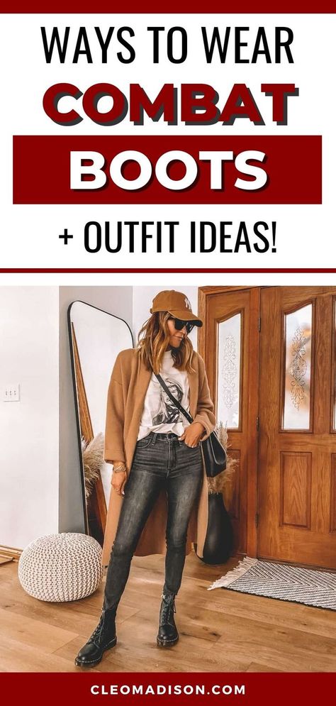 girl standing in front of door Outfits With Combat Boots Winter, Outfits With Combat Boots Fall, Women Combat Boots Outfit, Leggings And Combat Boots Outfit, Casual Combat Boots Outfit, Styling Combat Boots Outfit Ideas, Combat Boots With Leggings, Combat Boots Fall Outfit, Dress And Combat Boots Outfit