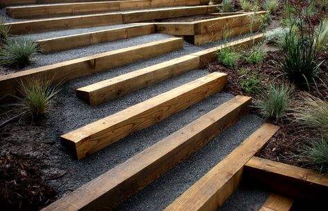 wood and dg or gravel Hillside Steps, Terraced Gardens, Terraced Garden, Sloped Backyard Landscaping, Landscape Stairs, Landscape Steps, Sloped Yard, Lagoon Pool, Sloped Backyard