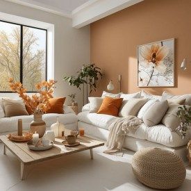 50 Stunning Tiny Houses With Great Loft Spaces – Decomagz Almond White Living Room, Orange Aesthetic House, Pops Of Colour Living Room, Camel Living Room, Home Decor Color Palettes, Terracotta Living Room, Comfy Living Room Decor, Orange Living Room, Decor Boho Chic