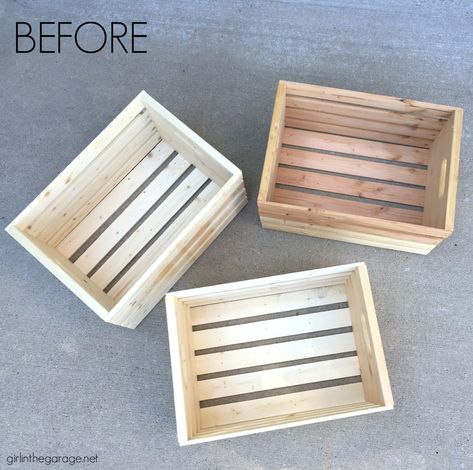 How To Build A Crate, Wooden Crate Bookshelf, Diy Makeover Ideas, Blue Wood Stain, Crate Projects, Wooden Box Crafts, Small Easy Woodworking Projects, Wooden Crate Boxes, Wooden Box Diy