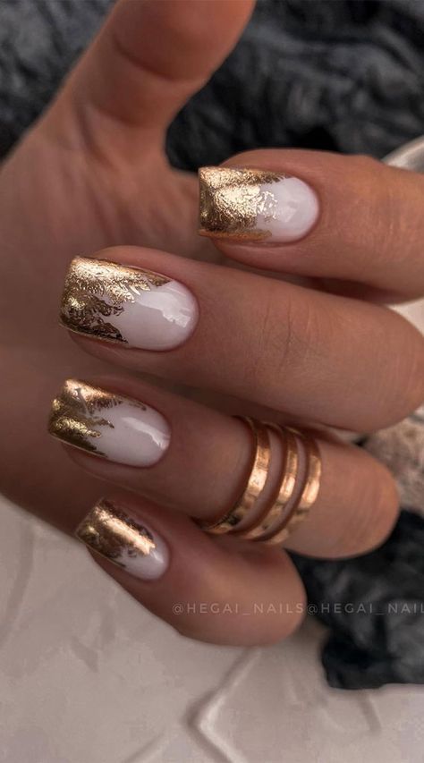 81. Milky nails with gold foil accent design Consider this sprightly minimalist nail art the ultimate pretty nail loo? Spring for shades of milky,... Foil Nail Designs, Wedding Nail Art Design, Foil Nail Art, Golden Nails, Milky Nails, Gold Nail Designs, Gel Set, Cute Spring Nails, Work Nails