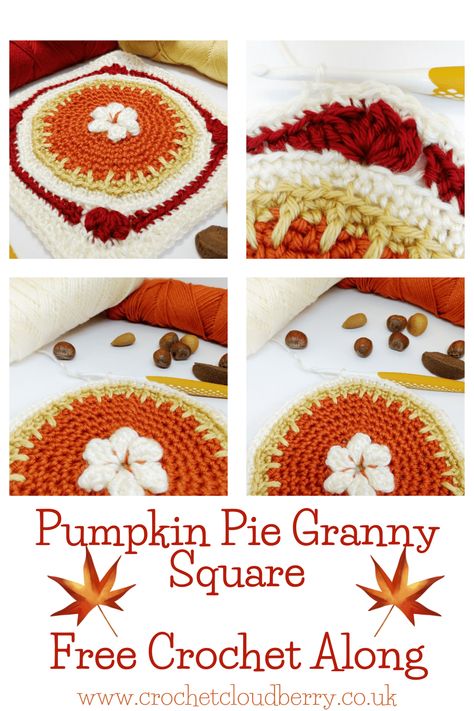 Fall Crochet Blanket Granny Squares, Autumn Granny Square Blanket, Pie Granny Square, Food Granny Square, Thanksgiving Granny Square, Crochet Fall Granny Square, Pumpkin Granny Square, Fall Granny Square, Halloween Granny Square