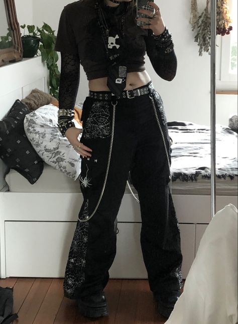 keywords: tripp spider cobweb diy pants, earth tone outfit, maximalism, gothic, alternative Diy Tripp Nyc Pants, Tripp Pants Outfit, Punk Summer Outfits, Spider Cobweb, Punk Summer, Goth Academia, Tripp Pants, Pinterest Wardrobe, Diy Pants