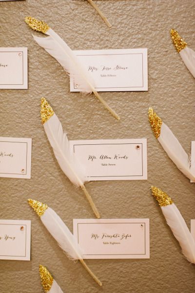 Gallery & Inspiration | Picture - 2831916 - Style Me Pretty Cork Place Cards, Diy Feather, Place Card Holders Wedding, Musical Chairs, Diy Gold, Feather Wedding, Gold Wedding Cake, Floral Arrangements Wedding, Show Love