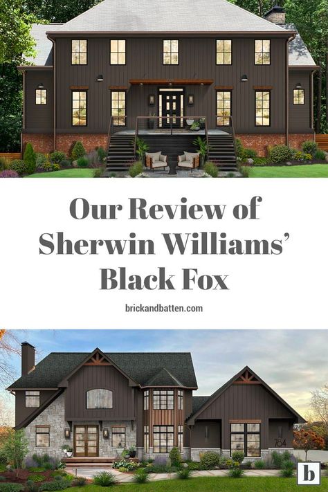 Sherwin Williams’ Black Fox is a deep, complex neutral paint color. This saturated shade is versatile and striking and made our list of the top exterior house colors of 2022. Black Fox has rich brown undertones that give it a warmer feel than other more traditional black paint colors. Check out our most recent blog post for more on why we’re recommending Black Fox in our exterior designs and how we love to use it. Let us be your exterior paint color consultants! #exteriordesign #exteriorpaint Gauntlet Gray Sherwin Williams Exterior Black Trim, Exterior House Colors Dark Gray, Charcoal Ranch House Exterior, Exterior Dark Gray Paint Colors, Peppercorn Trim Exterior, Dark Gray Painted Brick House, Medium Grey Exterior House Colors, Peppercorn Exterior House Paint, Peppercorn Sherwin Williams Exterior House