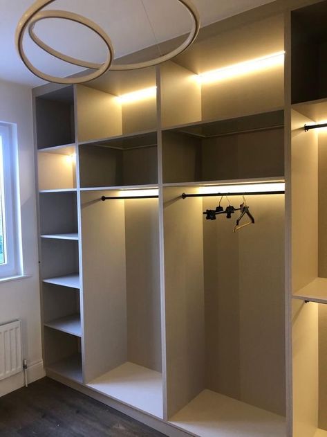 Open Style Wardrobe, Wardrobe Design With Lights, Wardrobe Design Drawing Room, Light Fitting Ideas, Fitted Wardrobe Storage Ideas, Led Lights Bedroom Closet, Led Light Closet Ideas, Wardrobe Lights Ideas, Light In Wardrobe Closet Ideas