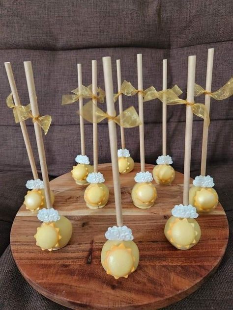 Yellow Treat Table, Sun Theme Dessert Table, First Trip Around The Sun Birthday Treats, Sun Themed Cake Pops, Here Comes The Son Treats, Mr Golden Sun Birthday, Here Comes The Sun Cake Pops, Sun Theme Desserts, Here Comes The Son Desserts