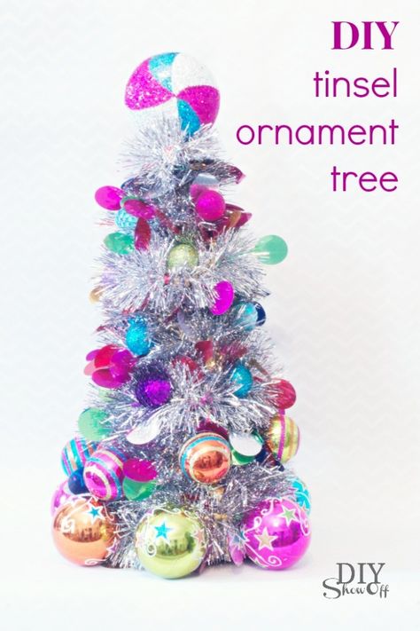 DIY tinsel ornament tree tutorial Tinsel Ideas, Diy Tinsel, Blessed Yule, Tree Decorating Ideas, Christmas Tree Hat, Mini Christmas Ornaments, Tinsel Christmas Tree, Christmas Tinsel, Christmas Festivities