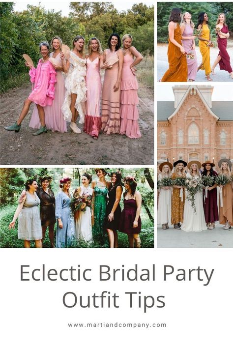 Non Traditional Bridesmaid Outfits, Unique Bridal Party Outfits, Eclectic Bridal Party, Non Traditional Bridesmaids, Eclectic Wedding Party, Unconventional Bridesmaid Dresses, Eclectic Bridesmaid Dresses, Bridal Party Outfits, Modern Bridal Party