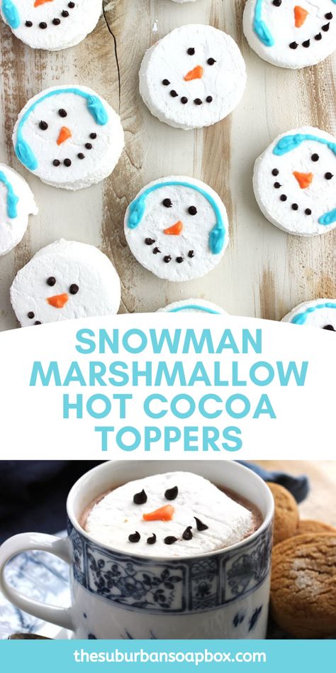 Fun to make, even more fun to eat…these easy to make Snowman Marshmallow Hot Cocoa Toppers are a great treat all winter long. A great last minute gift idea for the holidays or the perfect snow day treat. Meringue Hot Chocolate Topper, Snowman Marshmallow For Hot Chocolate, Marshmallow Hot Chocolate Toppers, Hot Cocoa Treats, Marshmallow Toppers For Hot Chocolate, Snowmen Marshmallows, Hot Cocoa Toppers, Munchies Ideas, Hot Chocolate Toppers