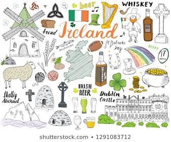 Images, photos et images vectorielles de stock de Ireland Sketch Doodles. Hand Drawn Irish Elements Set with flag and map of Ireland, Celtic Cross, Castle, Shamrock, Celtic Harp, Mill and Sheep, Whiskey Bottles and Irish Beer, Vector Illustration. similaires - 1009357540 | Shutterstock Ireland Map Illustration, Ireland Doodles, Equality Mural, Ireland Symbols, Ireland Drawing, Ireland Facts, Doodles Hand, Ireland Tattoo, Ireland People