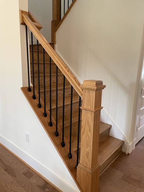 Craftsman Railings For Stairs, Farmhouse Stairs Railing, Wooden Banisters And Railings, Oak Banister Makeover, Oak Railing, Wood Banister, Stairway Ideas, Farmhouse Stairs, Rustic Staircase