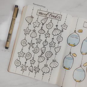 Bullet journal monthly mood tracker, seashells drawing. | @jannplansthings Seashell Drawing, Doodle Art For Beginners, Bullet Journal Month, Bullet Journal Mood Tracker, Journal Mood Tracker, Bullet Art, Bullet Journal 2020, Art Coquillage, Bullet Journal 2019