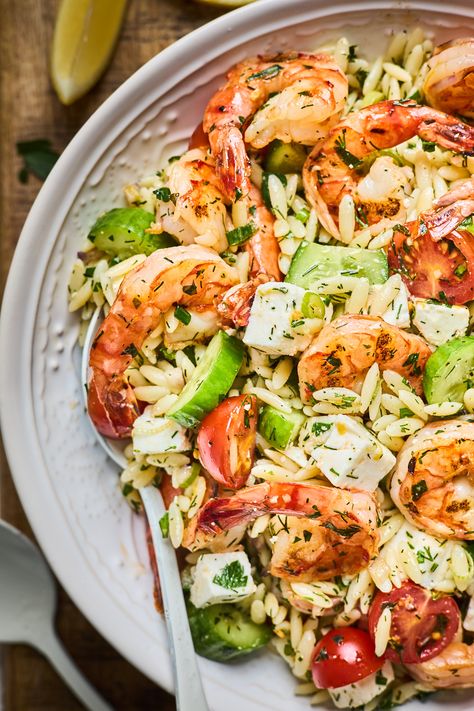 Shrimp Orzo Pasta Salad, Shrimp Orzo Pasta, Salad With Orzo, Greek Shrimp, Shrimp Orzo, Salad Appetizer Cups, Orzo Pasta Salad, Salad Recipes For Dinner, Orzo Pasta