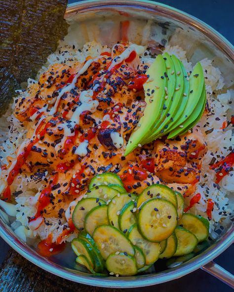 Salmon Roll Bowl, Torched Salmon, Pan Sushi, Salmon Sushi Bake, Salmon Bowls, Crispy Salmon, Sushi Bake, Salmon Roll, Salmon Bowl