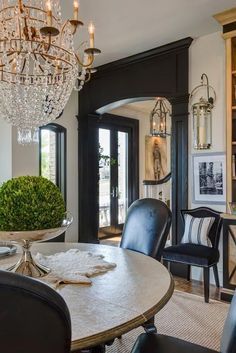 Living Room Doorway Ideas, Trim Around Arched Doorway, Black Dining Room Doors, Black And White Formal Living Room, Black White Gold Interior Design, Dark Color Trim Interior, Black Moulding Trim Interior Design, Over Doorway Decor, Small Dark Dining Room