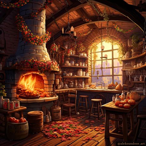 AlekSunDoor (@aleksundoor_art) • Instagram photos and videos Fantasy Cottage Interior, Fantasy Cottage, Fairytale House, Witch Cottage, Autumn Illustration, Cottage Interior, Restaurant Architecture, Fantasy House, Home Decorating Ideas