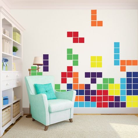 This Tetris-inspired home decor will fit perfectly into your life Geek Home Decor, Video Game Rooms, Decor Ikea, Geek Decor, Vinyl Wall Art Decals, Game Themes, Gamer Room, Video Game Room, Game Room Design