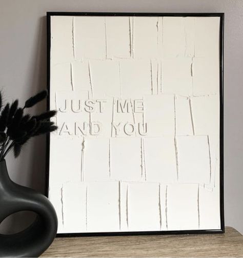 White Diy Painting, Wall Art With Puddy, Plaster Wall Art With Words, Couple Bedroom Wall Decor Ideas, Diy Apartment Painting Wall Art, White Letters On White Canvas, Diy Modern Canvas Art, Textured Canvas Art With Words, Sheet Art Diy