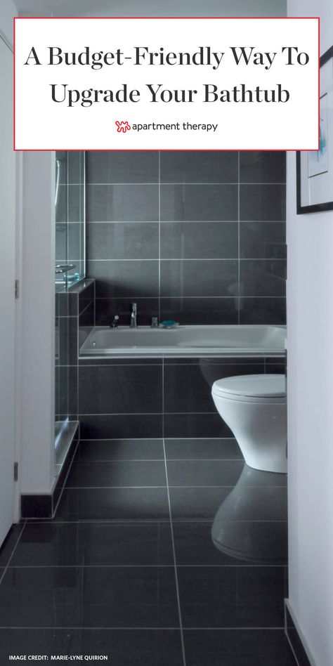 The Surprising Way Interior Designers Are Making Bathtubs Stylish as Hell Without Spending a Ton of Money Black Shower Tile With Tub, Black Tile Shower Tub Combo, Black Tile Tub Surround Ideas, White Tub Black Tile, Built In Bathtub Tub Surround, Dark Tile Tub Surround, Bathtub Tile Surround, Tile Around Bathtub, Tile Tub Surround