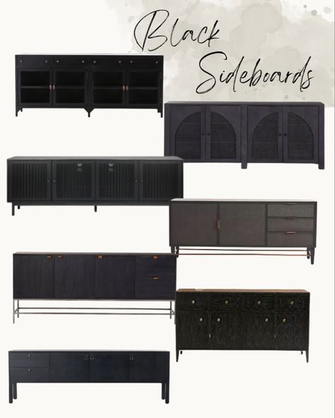 Round up of seven black painted sideboard tables Black Dining Room Sideboard, Black Sideboard With Wood Dining Table, Sideboard Under Tv, Black Buffet Table, Black Buffet Sideboard, Black Sideboard With Cane Doors, Black Sideboard Buffet, Black Vintage Buffet Sideboard, Black Rattan Sideboard