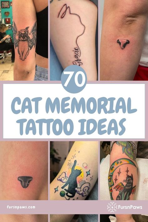 Cat Memorial Tattoo Ideas Cat Memorial Ideas Garden, Rip Pet Tattoos, Creative Cat Tattoo, Memory Of Cat Tattoo, Cat Tattoo Memorial, Cat Memorial Tattoos, Tattoo Cat Ideas, Pet Memorial Tattoo Cat, Cat Remembrance Tattoo