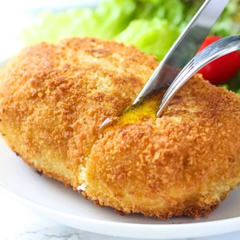 Homemade Chicken Kiev Baked Chicken Kiev, Kiev Recipe, Chicken Kiev Recipe, Herbed Butter, Chicken Kiev, Salmon Patties Recipe, Salmon Patties, Food Stands, Best Chicken