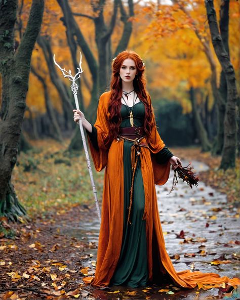 Fall Fantasy Outfit, Druid Cosplay Woman, Forest Girl Outfit, Renfair Outfits, Cozy Apothecary, Forest Witch Outfit, Forest Witch Costume, Redhead Outfits, Fat Witch