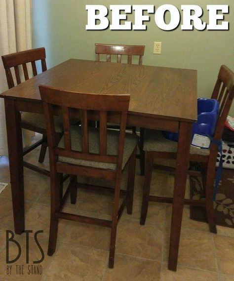 Kitchen Table Chairs Makeover, Diy Kitchen Table And Chairs, Painted Kitchen Table And Chairs Ideas, Counter Height Dining Table Diy, High Square Dining Table, Remodel Dining Table, Small Kitchen Table Makeover, Tall Square Table, Repurpose Kitchen Table