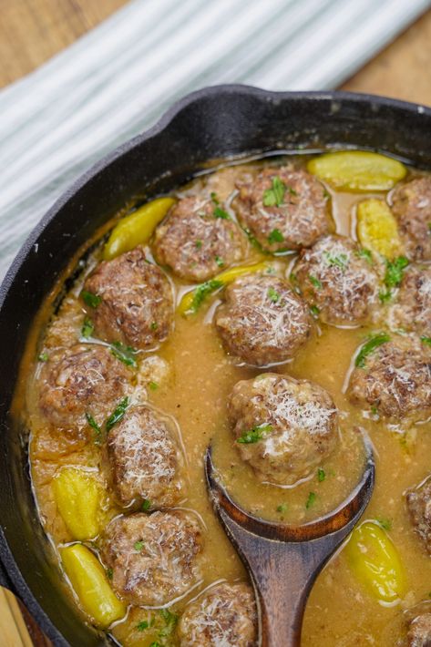 Warm and tender venison meatballs smothered in a rich mississippi gravy with flavors resembling the pot roast. Venison Meatball Recipes, Venison Steak Recipes, Venison Meatballs, Meatballs And Gravy, Venison Steak, Ground Venison, Gravy Ingredients, Meatball Ingredients, One Skillet