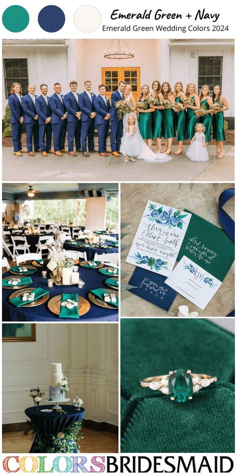 Top 30+ Green Wedding Color Ideas for Brides - ColorsBridesmaid Wedding Emerald Green Color Schemes, Navy And Dark Green Wedding, Emerald Green And Blue Wedding, Green And Blue Wedding Colors, Navy And Emerald Wedding, Green Wedding Color Schemes, Emerald Green Shades, Navy Blue And Emerald Green, White Wedding Flowers Centerpieces