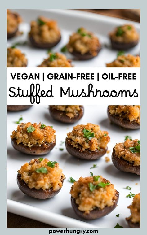 My easy grain-free vegan stuffed mushrooms are perfect appetizers! Fast & easy, too! #veganrecipe #veganrecipes #veganappetizer #grainfree #oilfree #vegan #easy #glutenfree #oilfree #wfpb #wfpbrecipe #wfpbappetizer #stuffedmushrooms #mushrooms #makeaheadrecipe #grainfreerecipes #glutenfreerecipes #veganappetizers #easyrecipe #easyappetizer Vegan Gluten Free Stuffed Mushrooms, Gluten And Dairy Free Stuffed Mushrooms, Wfpb Stuffed Mushrooms, Gluten Free Vegan Stuffing, Gluten Free Starters, Dairy Free Appetizers Easy, Vegan Gluten Free Appetizers, Stuffed Mushrooms Vegan, Gluten Free Stuffed Mushrooms