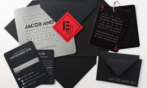 This b’nai mitzvah set featuring a brushed metal ceremony invitation and plastic party “cards” was delivered in a black, pouch-like mailer. Party cards are chained together as a pair, so fitting for twin boys! The initials J and E (and E and J to keep it equal) are used throughout the set. The colors, papers, fonts and theme can easily be customized to fit your event. E And J, Vip Invitation, Bnai Mitzvah, Mitzvah Invitations, Ceremony Invitation, Black Pouch, Red Bar, Bar Mitzvah Invitations, Twin Boys