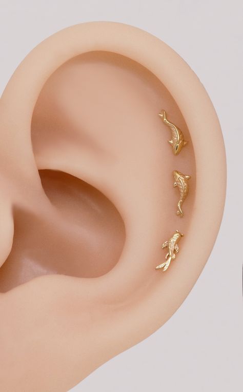 14k Solid Gold Koi Fish Cartilage Earring Tiny Tragus Stud Helix Conch Piercing Cute Stud Earring Minimalist Earrings Flat Back Earring 20g - Etsy UK Conch Ear Piercings, Helix Conch Piercing, Gold Koi Fish, Gold Koi, Cool Ear Piercings, Pretty Ear Piercings, Tragus Stud, Ear Design, Cute Stud Earrings