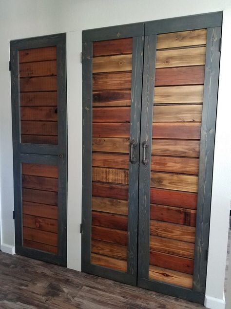 Linen Closet Doors, Cool Pantry, Rustic Pantry Door, Closet Conversion, Wood Closet Doors, Pallet Closet, Rustic Closet, Wood Pantry, Rustic Pantry