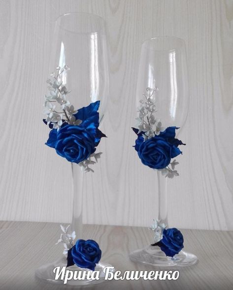 Glass Decor ideas Royal Blue And Silver Bridal Party Dresses, Quince Wine Glasses, Royal Blue And Silver Quinceanera Decorations, Royal Blue Wedding Theme Decorations, Quince Blue Theme, Royal Blue Wedding Dress The Bride, Royal Blue And Silver Party Decorations, Blue Wedding Theme Color Schemes, Royal Blue Quince Cake