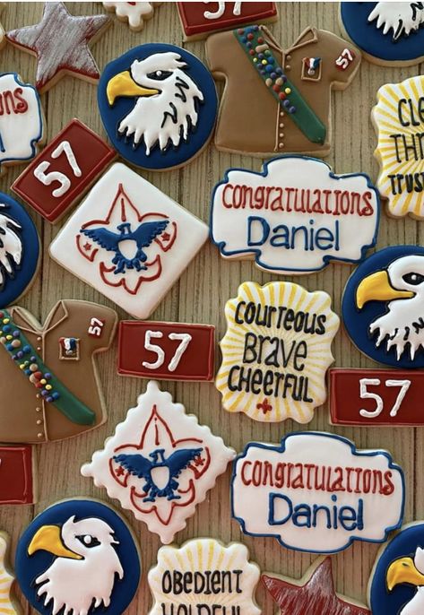 Boy Scout Cookies, Eagle Cookies Decorated, Eagle Scout Court Of Honor Ideas Food, Eagle Scout Cookies Decorated, Eagle Scout Cookies, Eagle Scout Court Of Honor Ideas, Eagle Scout Project Ideas, Eagle Scout Cake, Eagle Ceremony