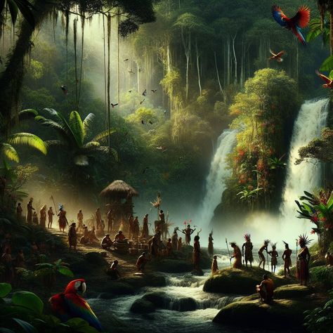 Ceremonial gathering in the tropical rainforest #RainforestRituals #TropicalGathering #ExoticVibes Fantasy Rainforest, Jungle People, Sunbearer Trials, Rainforest Tribes, Tropical City, African Rainforest, Spirit Island, African Superhero, Fantasy Inspo