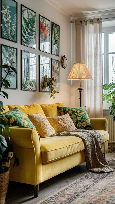 Green And Yellow Living Room Decor, Living Room Yellow Sofa, Yellow Sofa Living Room Ideas, Yellow Sofa Living Room, Patterned Pillows, Yellow Sofa, Casa Vintage, Eclectic Living Room, Living Room Green