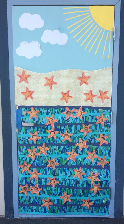 Mrs. W door, 2015 included the starfish story Starfish Door Decorations Classroom, Under The Sea Theme Preschool Decoration Classroom Door, Starfish Classroom Theme, Starfish Bulletin Board Ideas, Ocean Door Classroom, Under The Sea Teacher Appreciation Theme, Under The Sea Door Decorations, Under The Sea Door Decorations Classroom, Sea Classroom Decorations