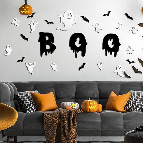 PRICES MAY VARY. Halloween Wall Decor：You will receive 25Pcs 3D bats ghost wall stickers decor, which is a nice combination for decorating your home or party, you can prepare it for your Halloween, giving your room a festive atmosphere. Easy To Use：Halloween ghost decorations use upgraded version of glue,good viscosity,not easy to fall off.Bats packed flat. DIY them into different wing angles then tape and stick. Fit any SMOOTH & DRY surface. Halloween Decor：Made of Vinyl. Halloween bats decor w Pumpkin Wall Decor, Wall Decor Amazon, Ghost Stickers, Cute Halloween Decorations, Bat Wall, Halloween Ghost Decorations, Spooky Stickers, Wall Stickers 3d, White Ghost