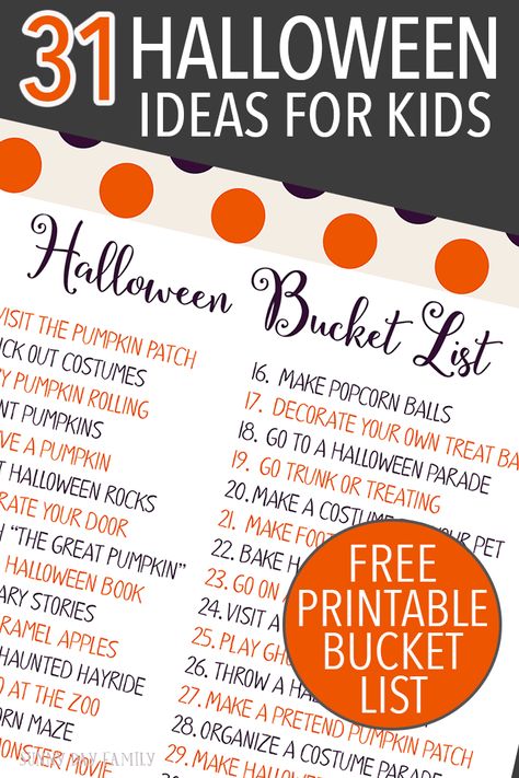 Countdown to Halloween with an activity for every day in October! Fun, easy and classic Halloween activities for kids & families. Includes a free printable Halloween bucket list! Samhain Activities, Halloween Ideas For Kids, Family Activities Preschool, Halloween Bucket List, Countdown To Halloween, Free Printable Halloween, Preschool Fall, Halloween Resources, October Activities