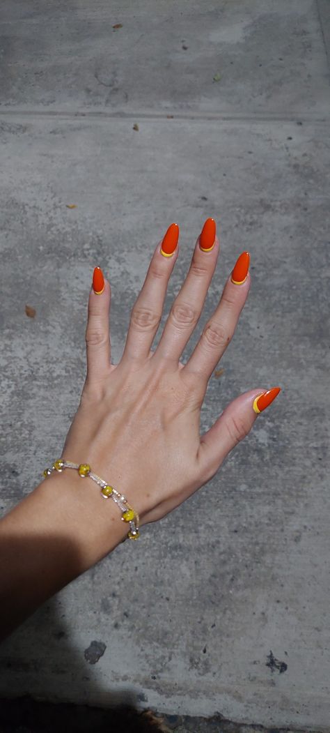 Base orange nails with yellow inverted french Inverted French Nails, Nails With Yellow, Orange Nails, French Nails, Orange, Nails, Yellow