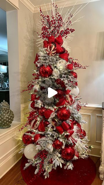 Trista Lawson on Instagram: "Red and white has been my jam this season! I have loved every minute of it! What’s your favorite theme this season?" Red White And Silver Christmas Tree Ornaments, Christmas Tree Red And White Ideas, White And Red Christmas Wreath, White Christmas Tree Red Decorations, White And Red Christmas Tree Ideas, Red And White Christmas Tree Ideas Holiday Decorating, White Christmas Tree With Red Ornaments, White Pencil Christmas Tree Ideas, Red White And Silver Christmas Tree