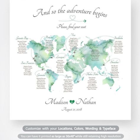 Unique Seating Chart Wedding, Unique Seating Chart, Watercolor World Map, Wedding Table Themes, Unique Seating, Table Seating Chart, Wedding Table Seating, Wedding Table Names, Travel Theme Wedding