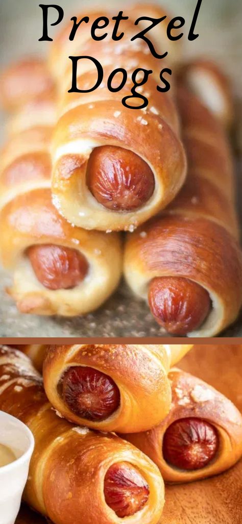 Pretzel Dog is a combination of chewy pretzel dough sprinkled with coarse salt and a juicy sausage, which makes a delicious lunch or an appetizer for kids and adults alike! #Appetizer #Breakfast #Easyrecipe #Lunch #Meat #Dog Pioneer Woman Pretzel Dogs, Pretzel Dinner Ideas, Pretzel Dogs Easy Pizza Dough, Easy Pretzel Dogs, Pretzel Dogs Recipe Crescent Rolls, Pretzel Hotdogs, Pretzel Dog Recipe, Recipes With Hot Dogs, Pretzel Hot Dogs