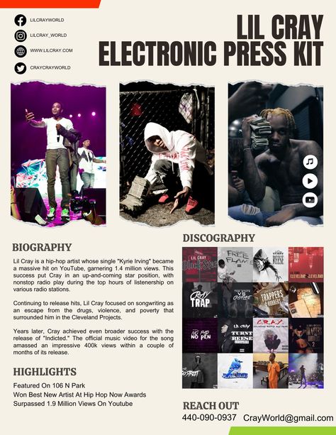 This 1-page electronic press kit template for bands, singers, and musicians is the perfect way to professionally introduce yourself to venues, festivals, press, and promotors ready to land the gig of your dreams! The media kit template for music artists includes an artist's bio, links to your music, photos, a summary of your past performances, and your contact details. You can input all of your own information, including your own photos, in this pre-made electronic press kit template. Electronic Press Kit Musicians, Music Press Kit, Press Kit Design, Press Kit Template, Electronic Press Kit, Press Kits, Media Kit Template, Introduce Yourself, Blog Seo