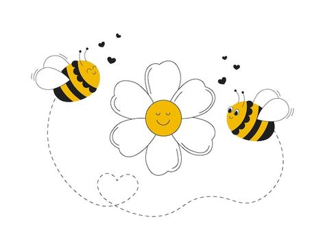 Bee Cartoon Cute, Daisy Cartoon, Chamomile Illustration, Daisy Cartoon Flower Aesthetic, Cartoon Daisy Flower, Daisy Flower Art, Cute Honey Bee Illustration, Daisy Illustration, Flowers Cartoon